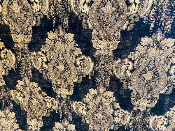 NEW! Duke Dragonus Designer Kilim Rug Inspired Medallion Upholstery Chenille Fabric- Black and Gold - Fancy Styles Fabric Pierre Frey Lee Jofa Brunschwig & Fils