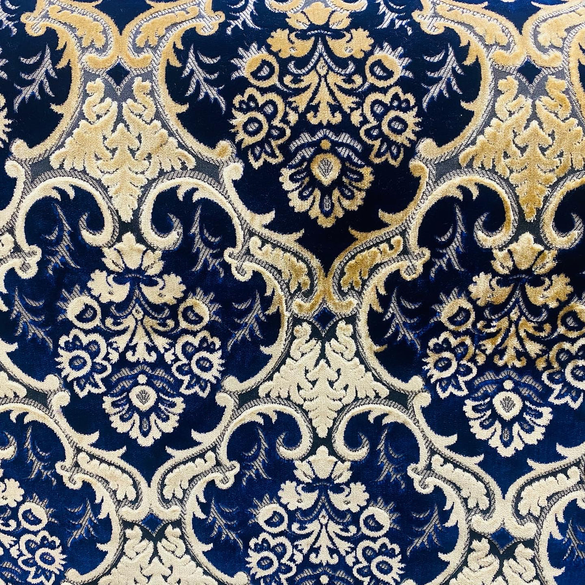 NEW Sir Scott Designer Italian Burnout Medallion Chenille Velvet Fabric Jewel Blue and Beige Yellow- Upholstery - Fancy Styles Fabric Pierre Frey Lee Jofa Brunschwig & Fils