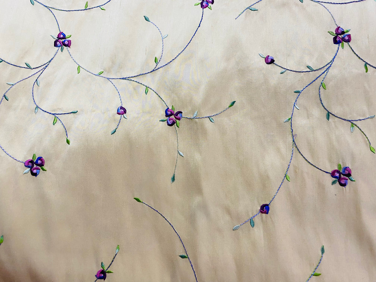 NEW Miss Jessica Designer 100% Silk Dupioni - Ivory Pale Yellow with Floral Embroidery - Fancy Styles Fabric Pierre Frey Lee Jofa Brunschwig & Fils