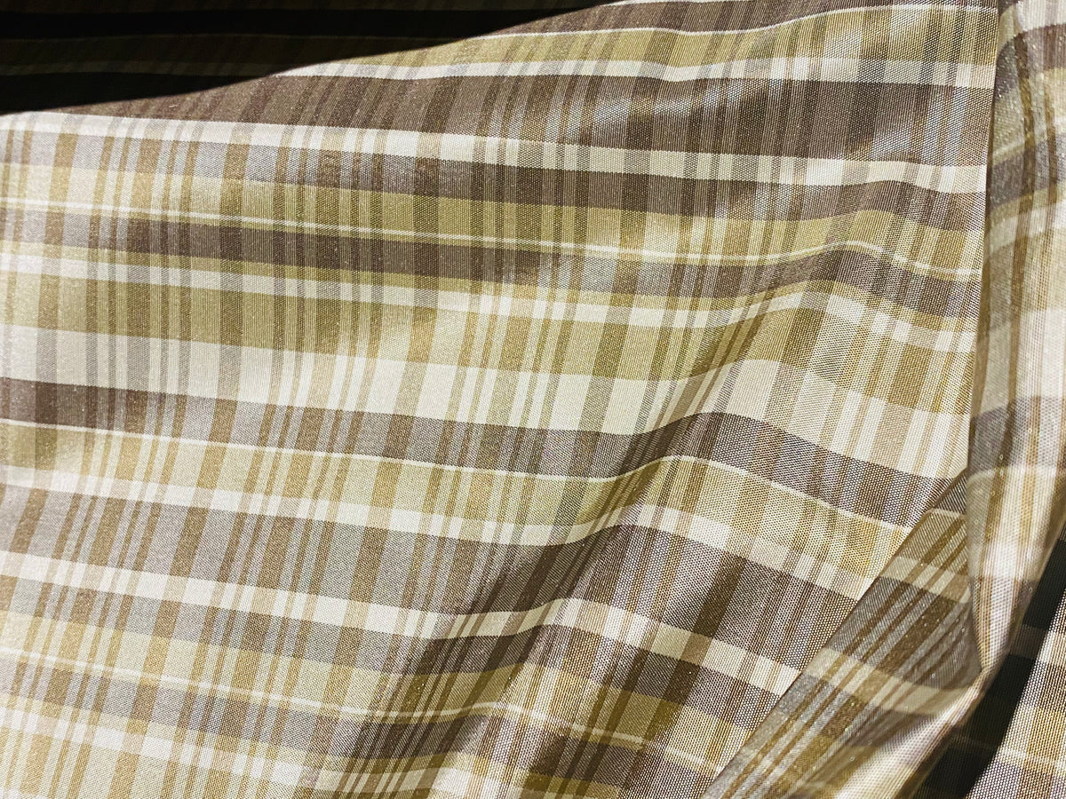NEW Lady Riley Designer 100% Silk Taffeta Plaid Tartan Fabric- Gold, Taupe, and Cream SB_6_39 - Fancy Styles Fabric Pierre Frey Lee Jofa Brunschwig & Fils