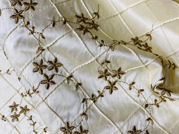 Queen Elisabeth 100% Silk Dupioni Embroidered Quilted Floral Fabric- Ivory - Fancy Styles Fabric Pierre Frey Lee Jofa Brunschwig & Fils