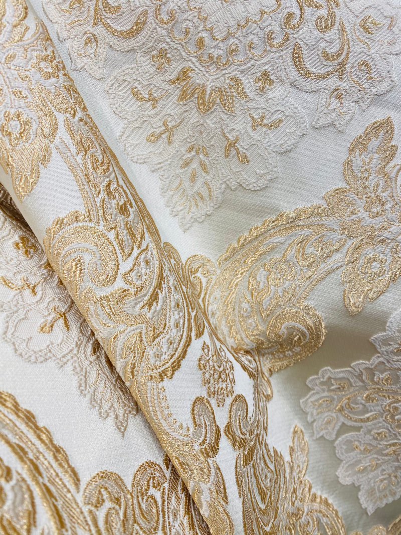 NEW King Rufus Brocade Satin Damask Decorating & Upholstery Fabric- Champagne Gold