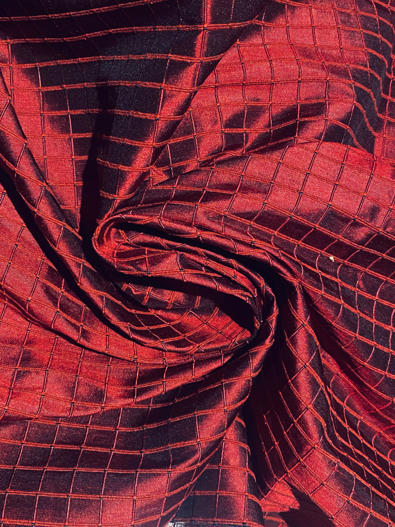 NEW Duchess Jenna 100% Silk Taffeta Fabric- Ruby Red with Embroidered Squares- SB_6_13