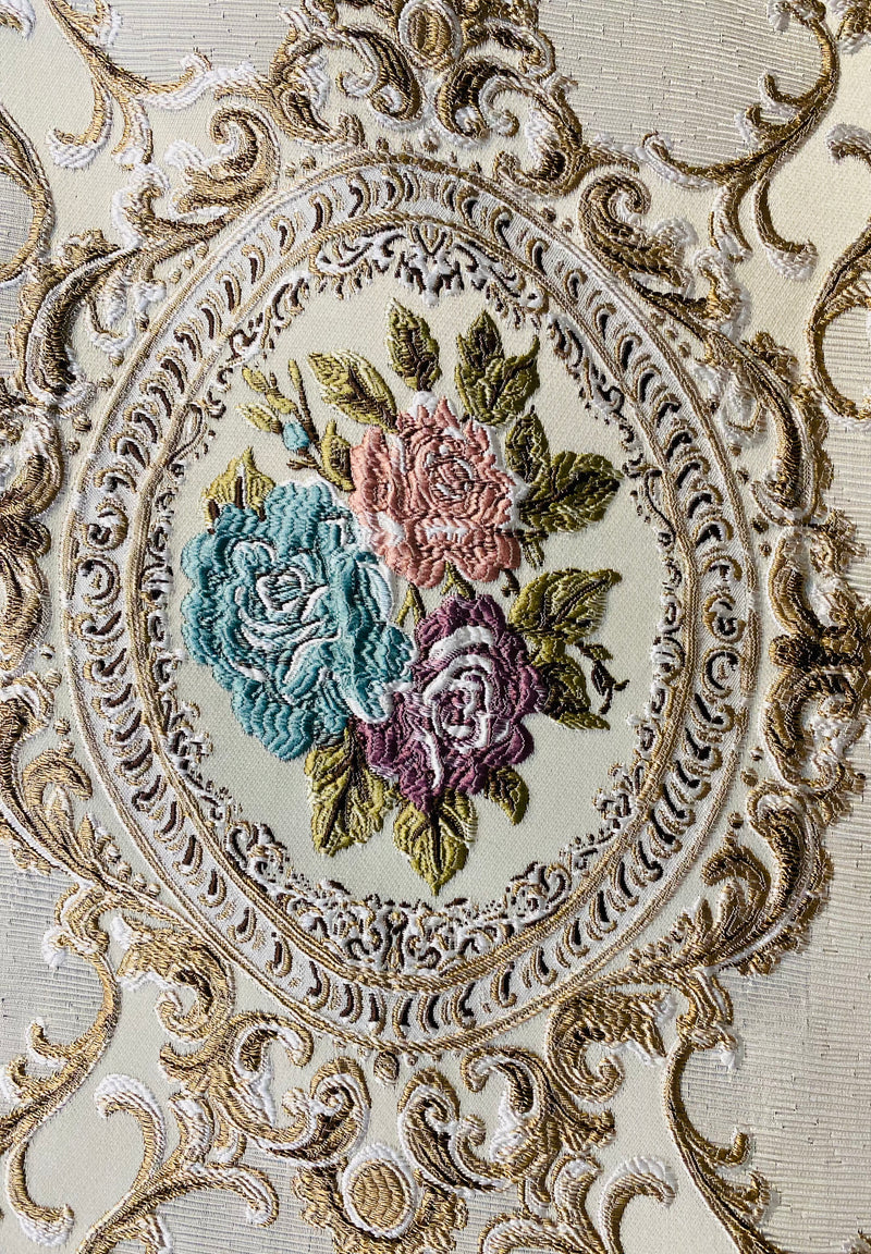 NEW Queen Rose Designer Brocade Satin Fabric- Antique Blue Pink Roses - Upholstery