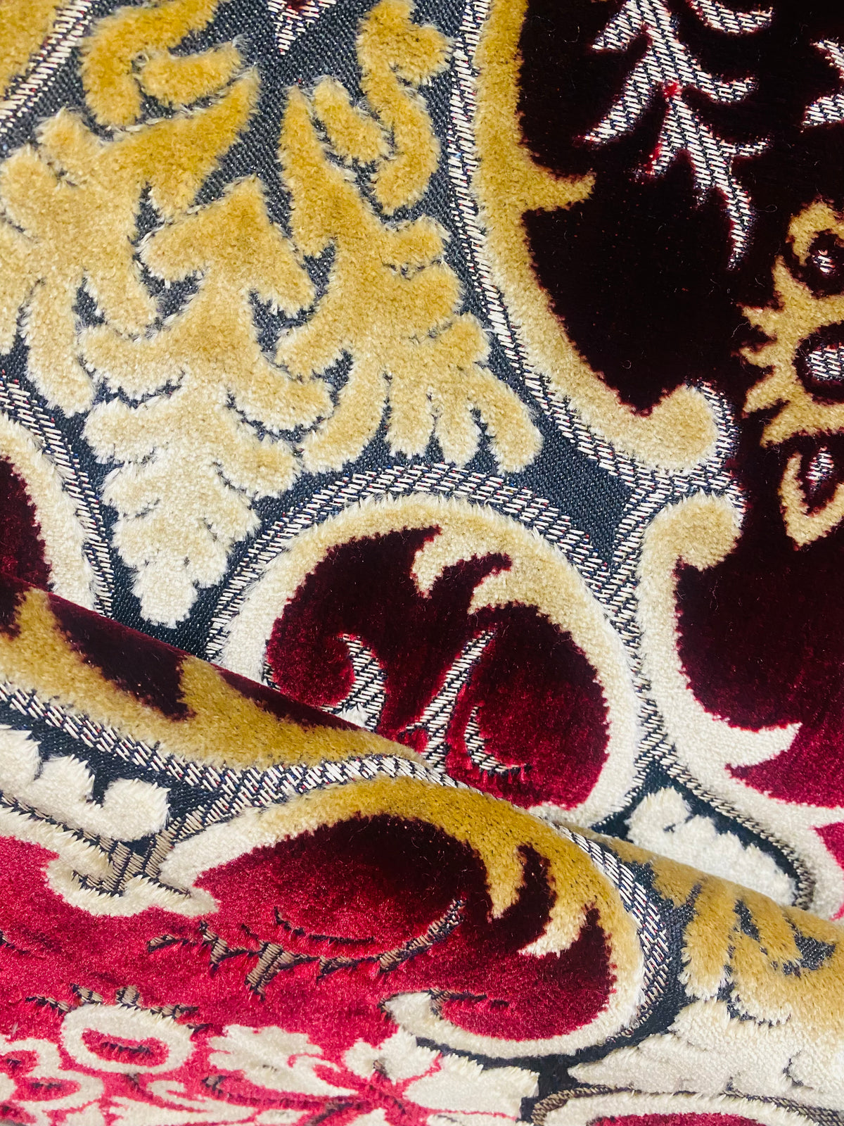 NEW Sir Scott Designer Italian Burnout Medallion Chenille Velvet Fabric Ruby Red and Beige Yellow- Upholstery - Fancy Styles Fabric Pierre Frey Lee Jofa Brunschwig & Fils