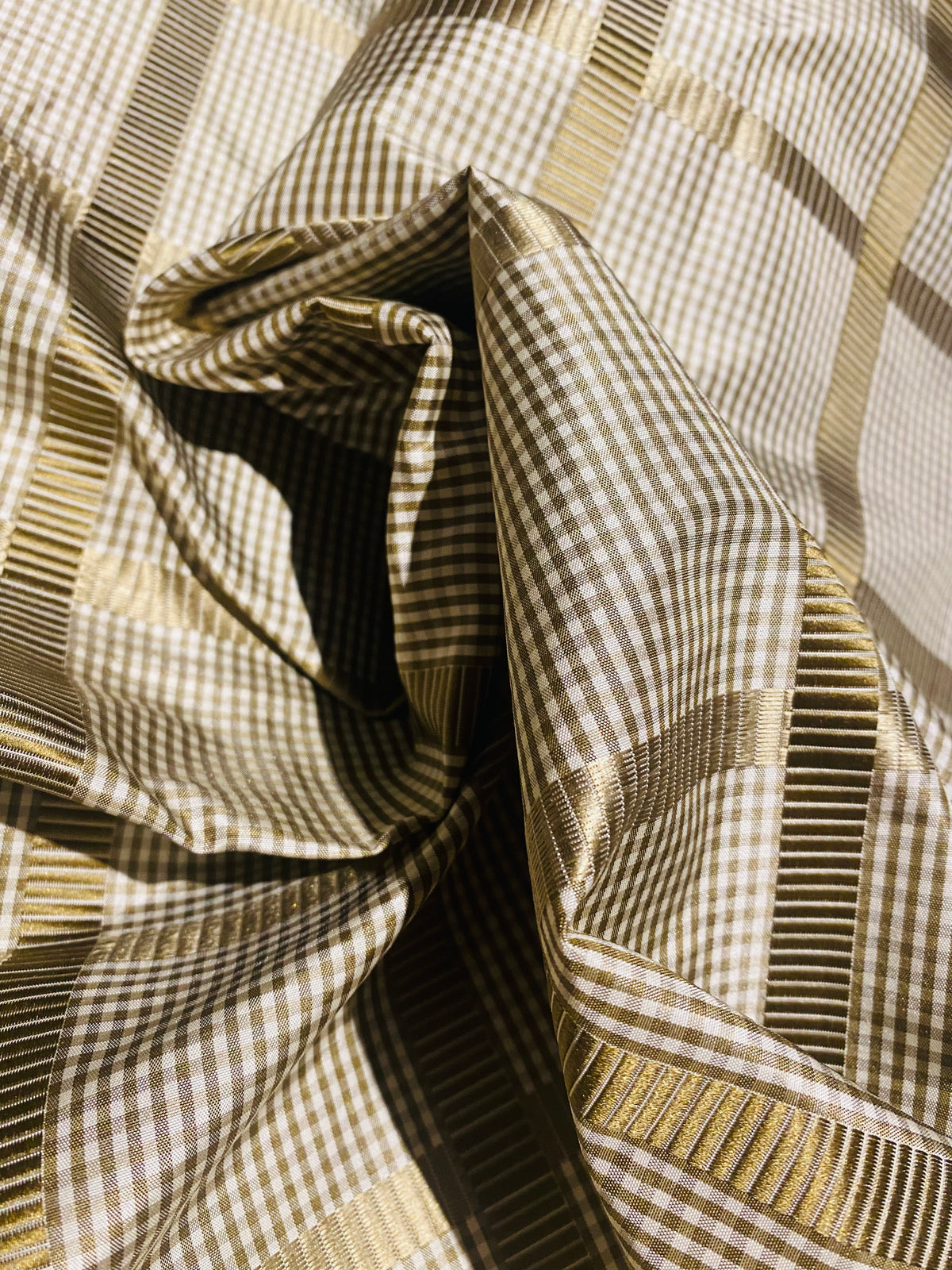 NEW Miss Jaqueline Designer 100% Silk Taffeta Gingham Ribbon Square Stripes Fabric - Old Gold SB_6_29 - Fancy Styles Fabric Pierre Frey Lee Jofa Brunschwig & Fils
