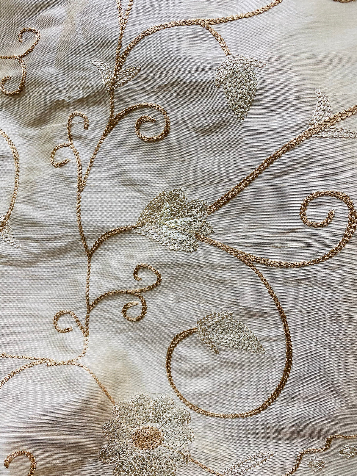 NEW Princess Primrose 100% Silk Dupioni Fabric With Crewel Floral Embroidery- Bone - Fancy Styles Fabric Pierre Frey Lee Jofa Brunschwig & Fils