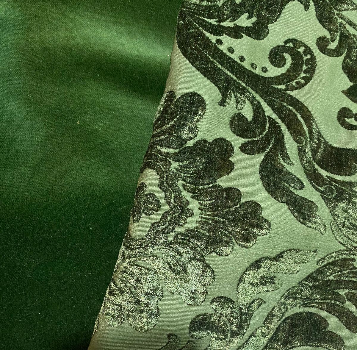 NEW Queen Isabella Designer Damask Burnout Chenille Velvet Fabric Forest Green - Fancy Styles Fabric Pierre Frey Lee Jofa Brunschwig & Fils