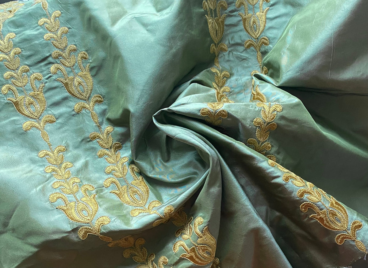 NEW Queen Marguerite 100% Silk Taffeta Dupioni Green Fabric - Gold Embroidered- SB_3_20 - Fancy Styles Fabric Pierre Frey Lee Jofa Brunschwig & Fils