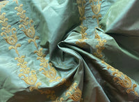 NEW Queen Marguerite 100% Silk Taffeta Dupioni Green Fabric - Gold Embroidered- SB_3_20 - Fancy Styles Fabric Pierre Frey Lee Jofa Brunschwig & Fils