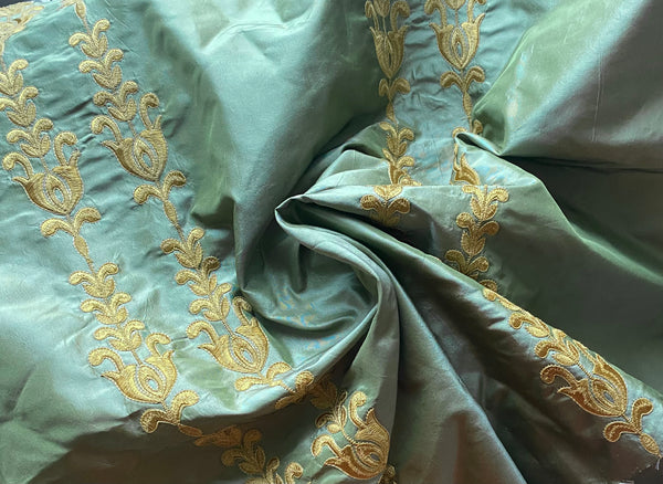 NEW Queen Marguerite 100% Silk Taffeta Dupioni Green Fabric - Gold Embroidered- SB_3_20 - Fancy Styles Fabric Pierre Frey Lee Jofa Brunschwig & Fils