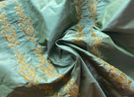 NEW Queen Marguerite 100% Silk Taffeta Dupioni Green Fabric - Gold Embroidered- SB_3_20