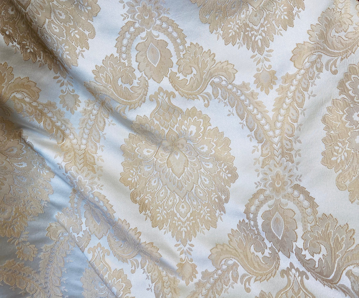 NEW! Prince Prescott Brocade Medallion Satin Fabric- Peach Gold and White - Fancy Styles Fabric Pierre Frey Lee Jofa Brunschwig & Fils