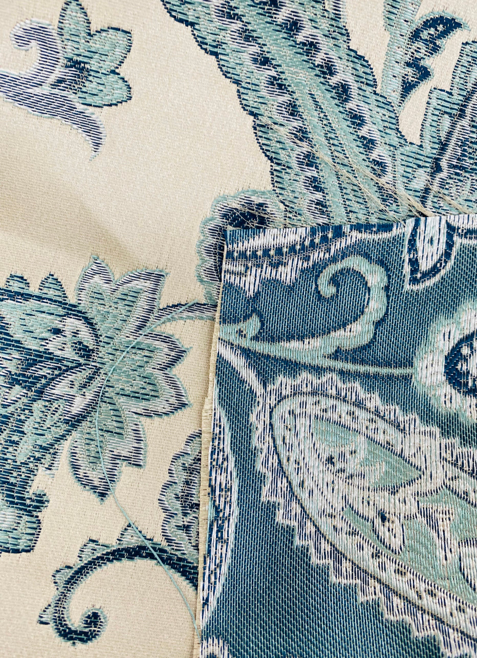 NEW Queen Kat Jacquard Satin Paisley Fabric Made in Italy- Upholstery & Drapery- Blue and Nude Pink - Fancy Styles Fabric Pierre Frey Lee Jofa Brunschwig & Fils