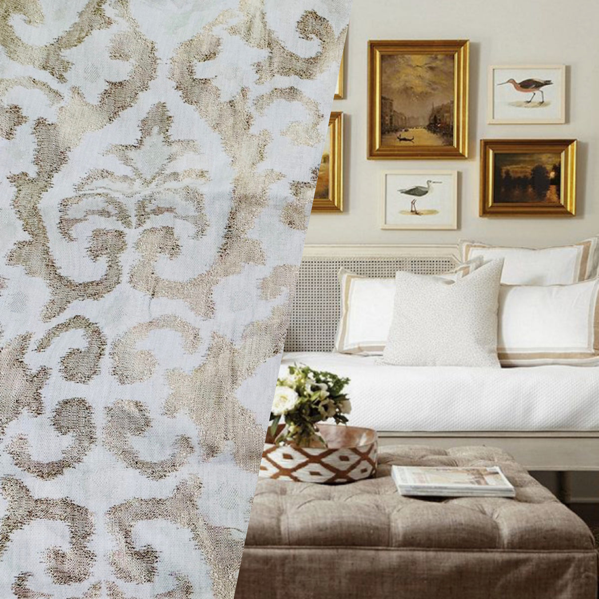 NEW! Duke Drake Novelty Imported 100% Linen Woven Damask Fabric Gold and White - Fancy Styles Fabric Pierre Frey Lee Jofa Brunschwig & Fils