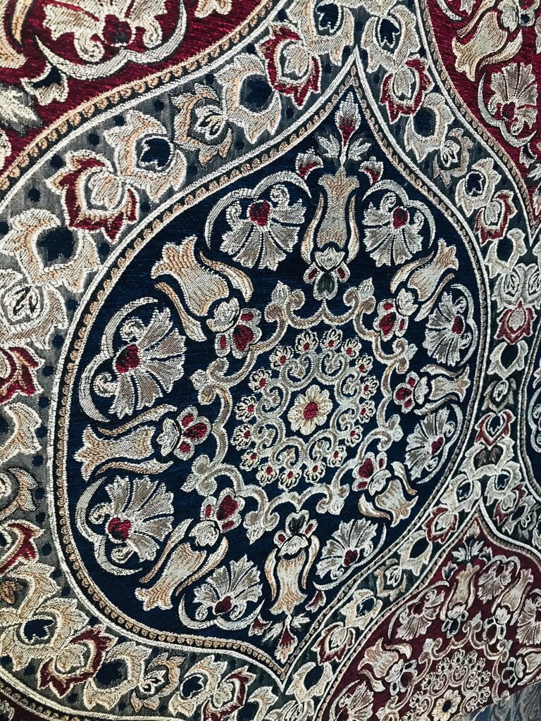 Queen Maria Designer Burnout Italian Velvet Fabric- Red, Navy, & Gold - Upholstery - Fancy Styles Fabric Pierre Frey Lee Jofa Brunschwig & Fils