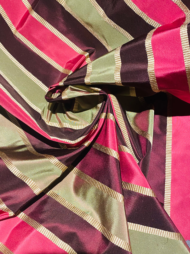 NEW Lady Marandem 100% Silk Taffeta Purple, Pink, Green Gold Satin Ribbon Stripe Fabric SB_8_40