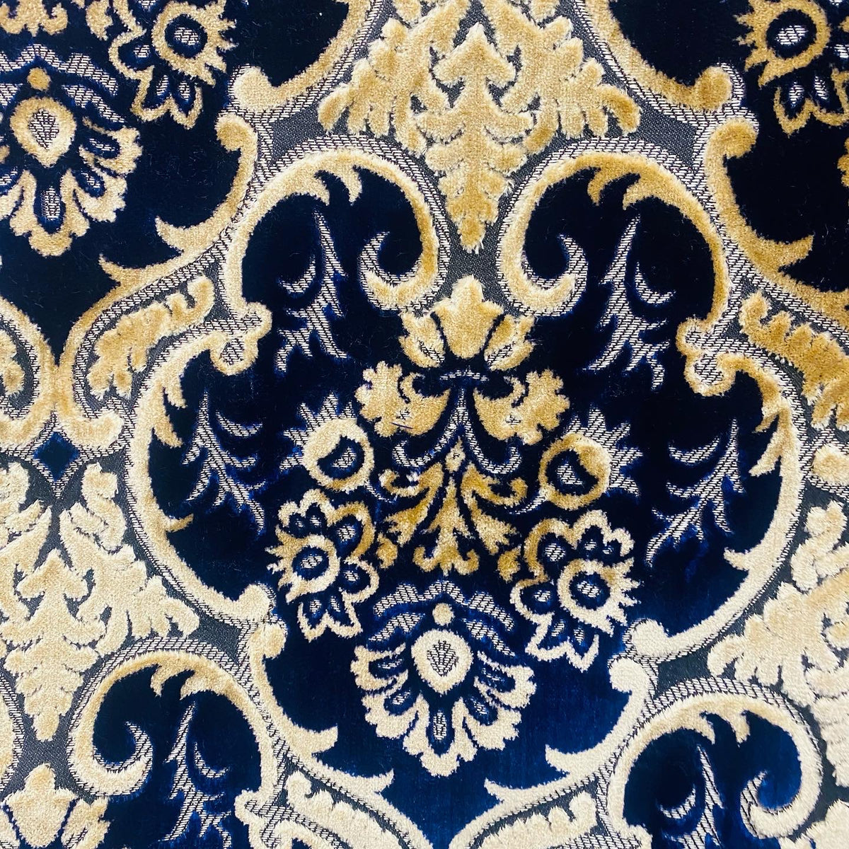 NEW Sir Scott Designer Italian Burnout Medallion Chenille Velvet Fabric Jewel Blue and Beige Yellow- Upholstery - Fancy Styles Fabric Pierre Frey Lee Jofa Brunschwig & Fils