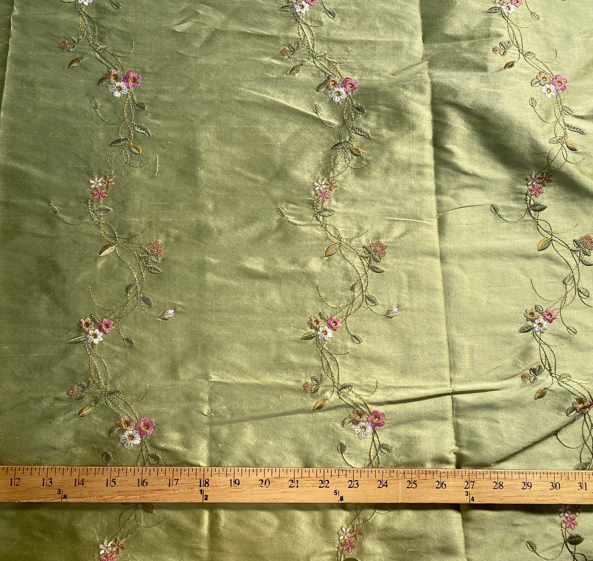 NEW Duchess Rowena Designer 100% Silk Dupioni - Pistachio Green with Floral Embroidery Vines - Fancy Styles Fabric Pierre Frey Lee Jofa Brunschwig & Fils