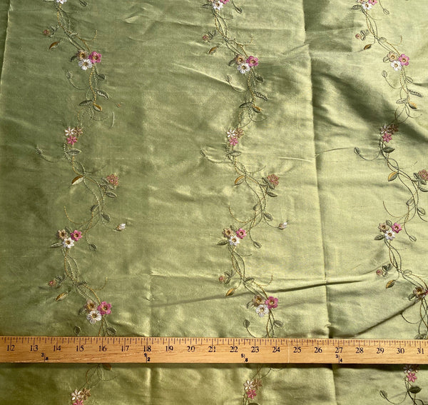 NEW Duchess Rowena Designer 100% Silk Dupioni - Pistachio Green with Floral Embroidery Vines - Fancy Styles Fabric Pierre Frey Lee Jofa Brunschwig & Fils