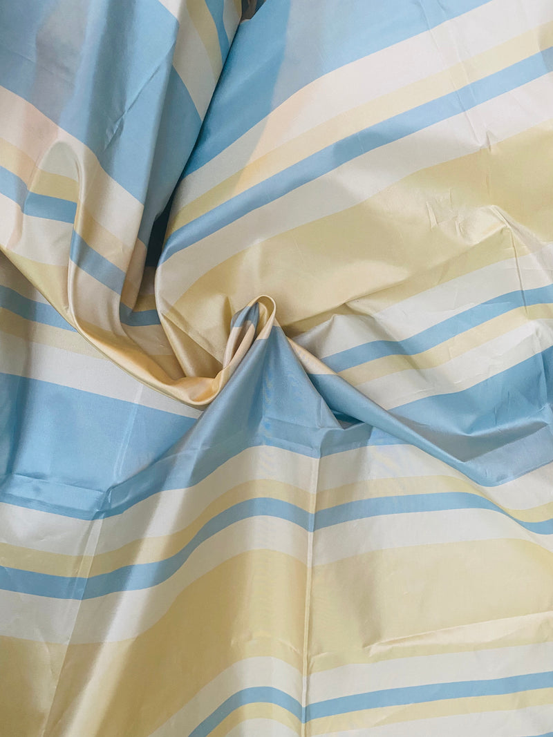 NEW Lady Gratis 100% Silk Taffeta Fabric Butter Yellow and Blue Stripes