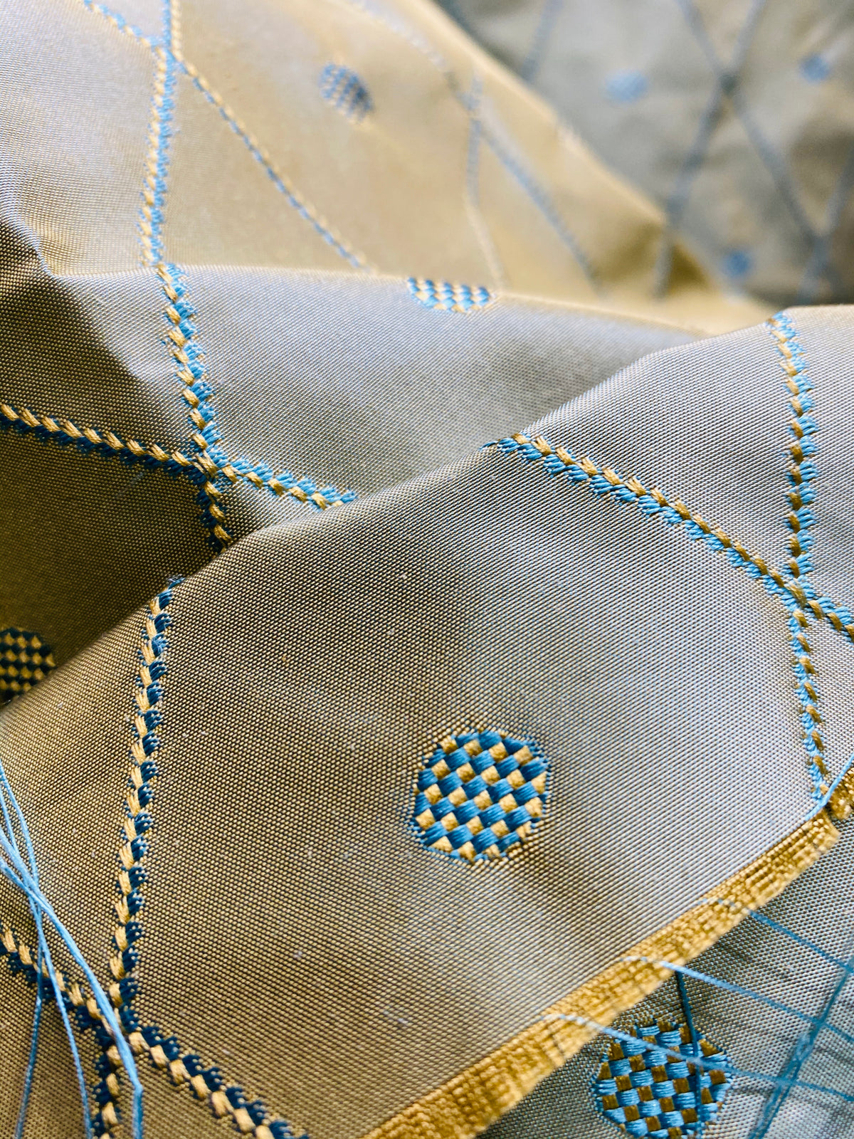 NEW Princess Mia 100% Silk Duck Egg Blue Embroidered Diamond Motif Taffeta Fabric with Peach Iridescent - Fancy Styles Fabric Pierre Frey Lee Jofa Brunschwig & Fils