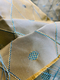 NEW Princess Mia 100% Silk Duck Egg Blue Embroidered Diamond Motif Taffeta Fabric with Peach Iridescent - Fancy Styles Fabric Pierre Frey Lee Jofa Brunschwig & Fils
