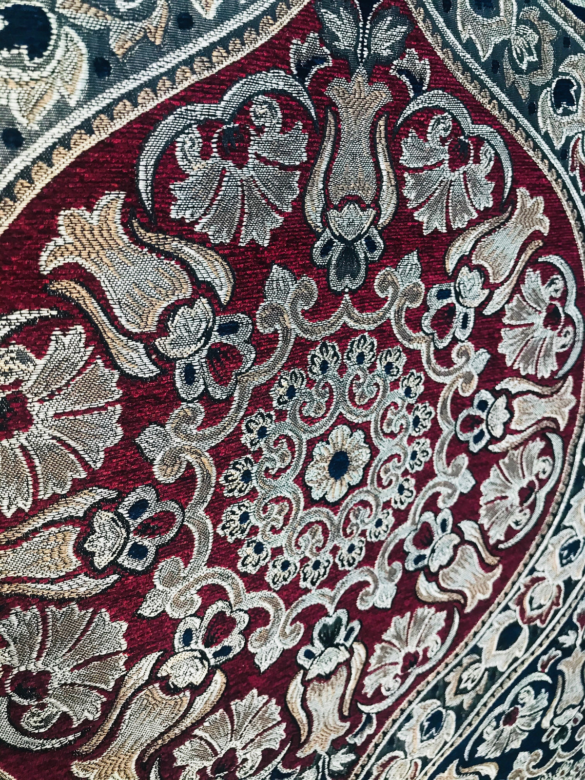 Queen Maria Designer Burnout Italian Velvet Fabric- Red, Navy, & Gold - Upholstery - Fancy Styles Fabric Pierre Frey Lee Jofa Brunschwig & Fils