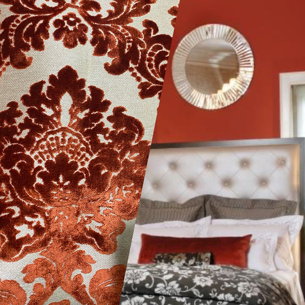 NEW Duke Gabriel Designer Damask Burnout Chenille Velvet Fabric - Rust Red- Upholstery - Fancy Styles Fabric Pierre Frey Lee Jofa Brunschwig & Fils