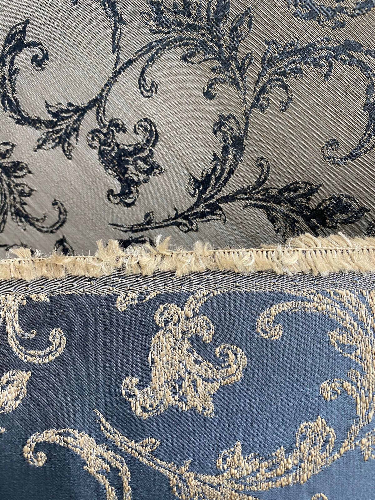 NEW! Princess Panther Brocade Leaf Swirly Motif Satin Fabric- Blue - Fancy Styles Fabric Pierre Frey Lee Jofa Brunschwig & Fils
