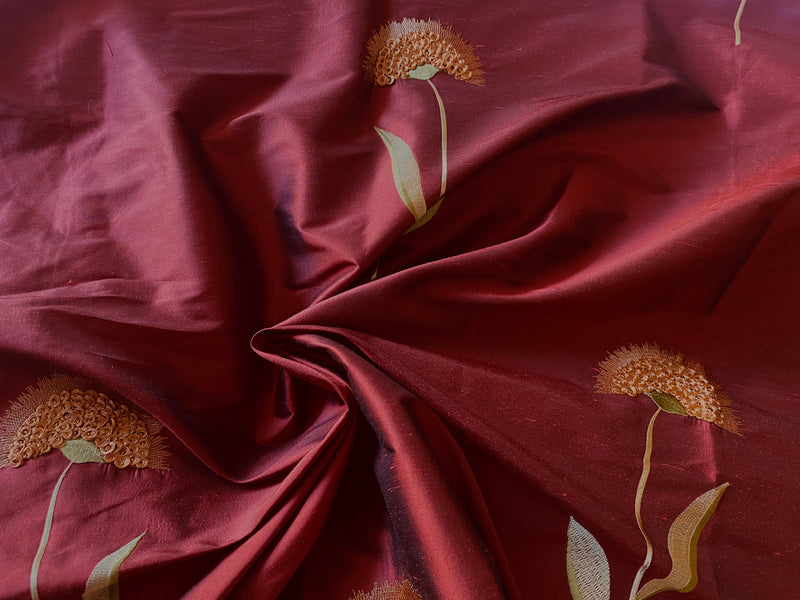NEW Queen Forella Embroidered 100% Silk Dupioni Fabric in Red SB_3_26