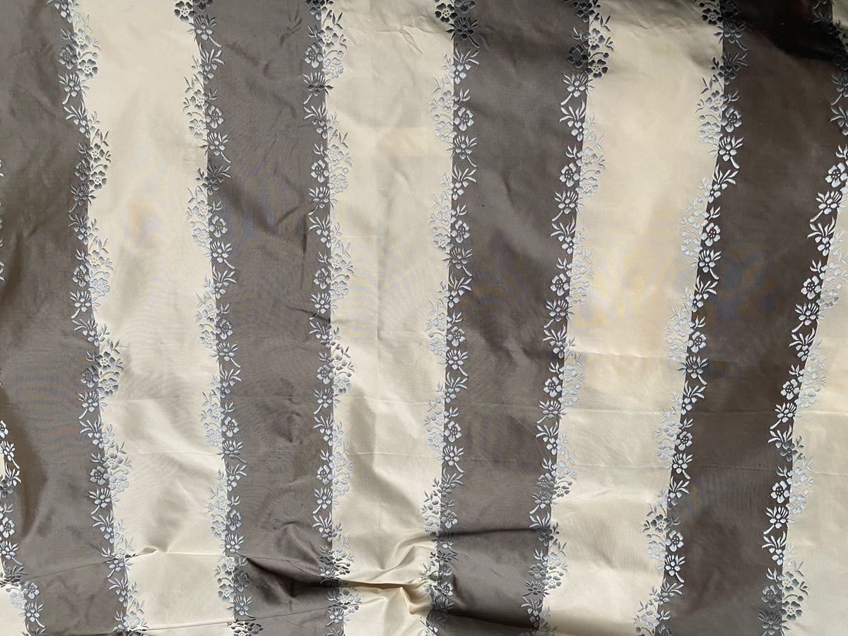 NEW Lady Kristen Designer 100% Silk Taffeta Embroidered Stripe Floral Fabric- Ice Blue & Warm Grey - Fancy Styles Fabric Pierre Frey Lee Jofa Brunschwig & Fils