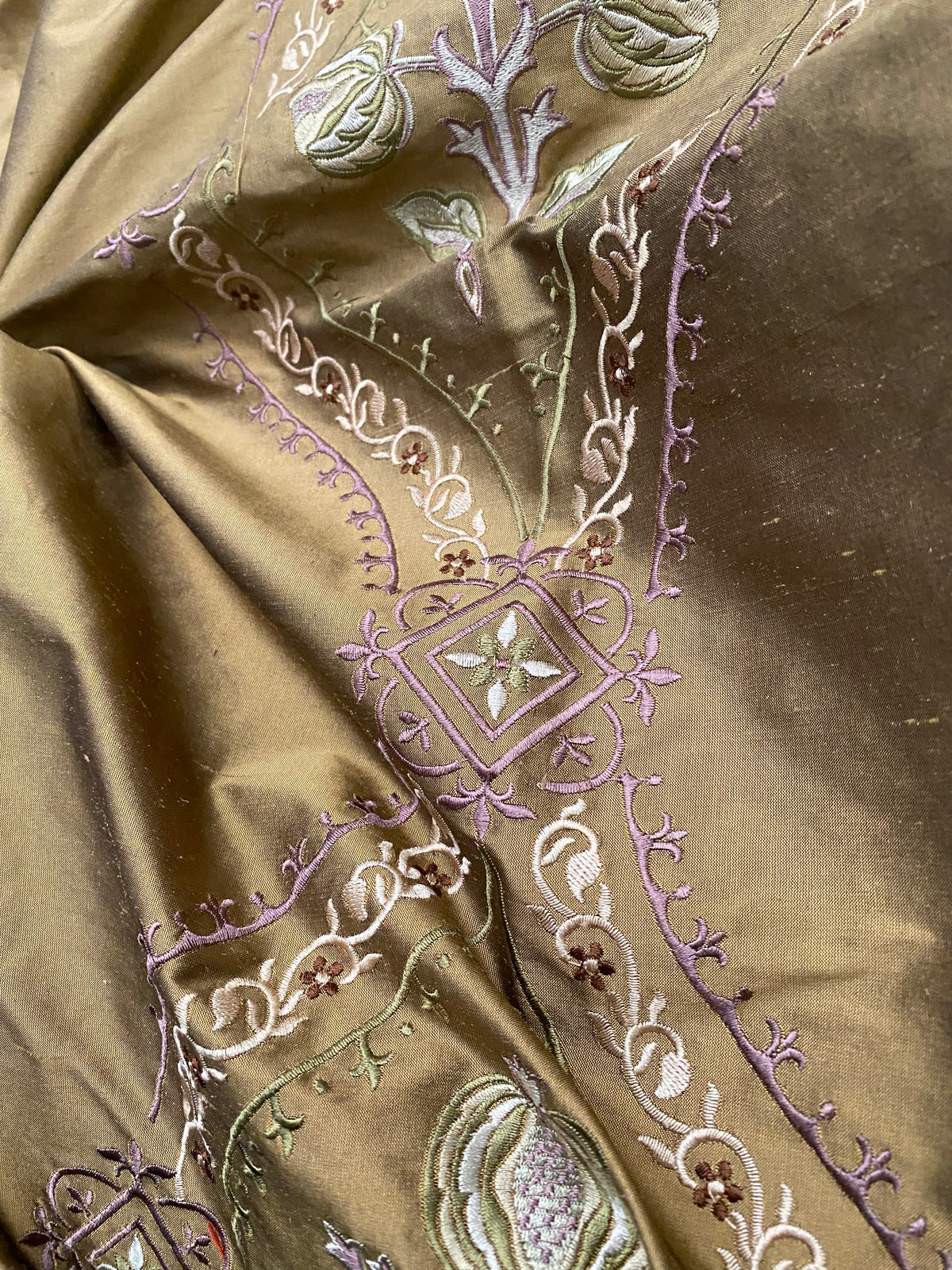 NEW! Queen Riviera Novelty 100% Silk Dupioni Embroidered Floral Fabric - Old Gold with Lavender Embroidery - Fancy Styles Fabric Pierre Frey Lee Jofa Brunschwig & Fils