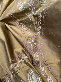 NEW! Queen Riviera Novelty 100% Silk Dupioni Embroidered Floral Fabric - Old Gold with Lavender Embroidery - Fancy Styles Fabric Pierre Frey Lee Jofa Brunschwig & Fils