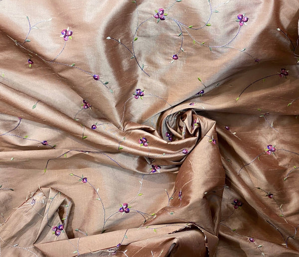 NEW Miss Jessica Designer 100% Silk Dupioni in Rose Gold with Floral Embroidery- SB_3_7 - Fancy Styles Fabric Pierre Frey Lee Jofa Brunschwig & Fils