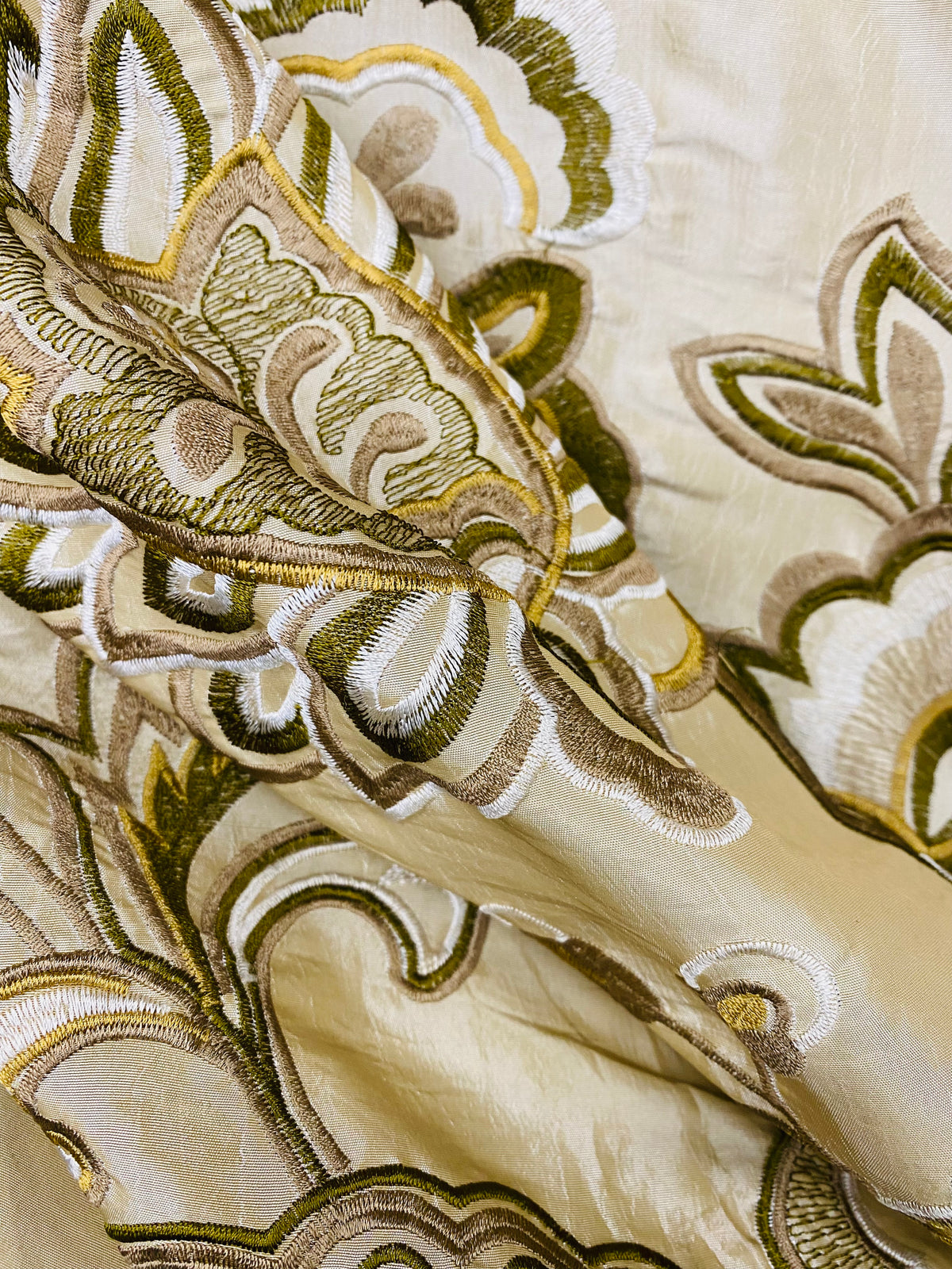 NEW! Duchess Nicole Faux Silk Embroidered Fabric Champagne and Olive - Fancy Styles Fabric Pierre Frey Lee Jofa Brunschwig & Fils