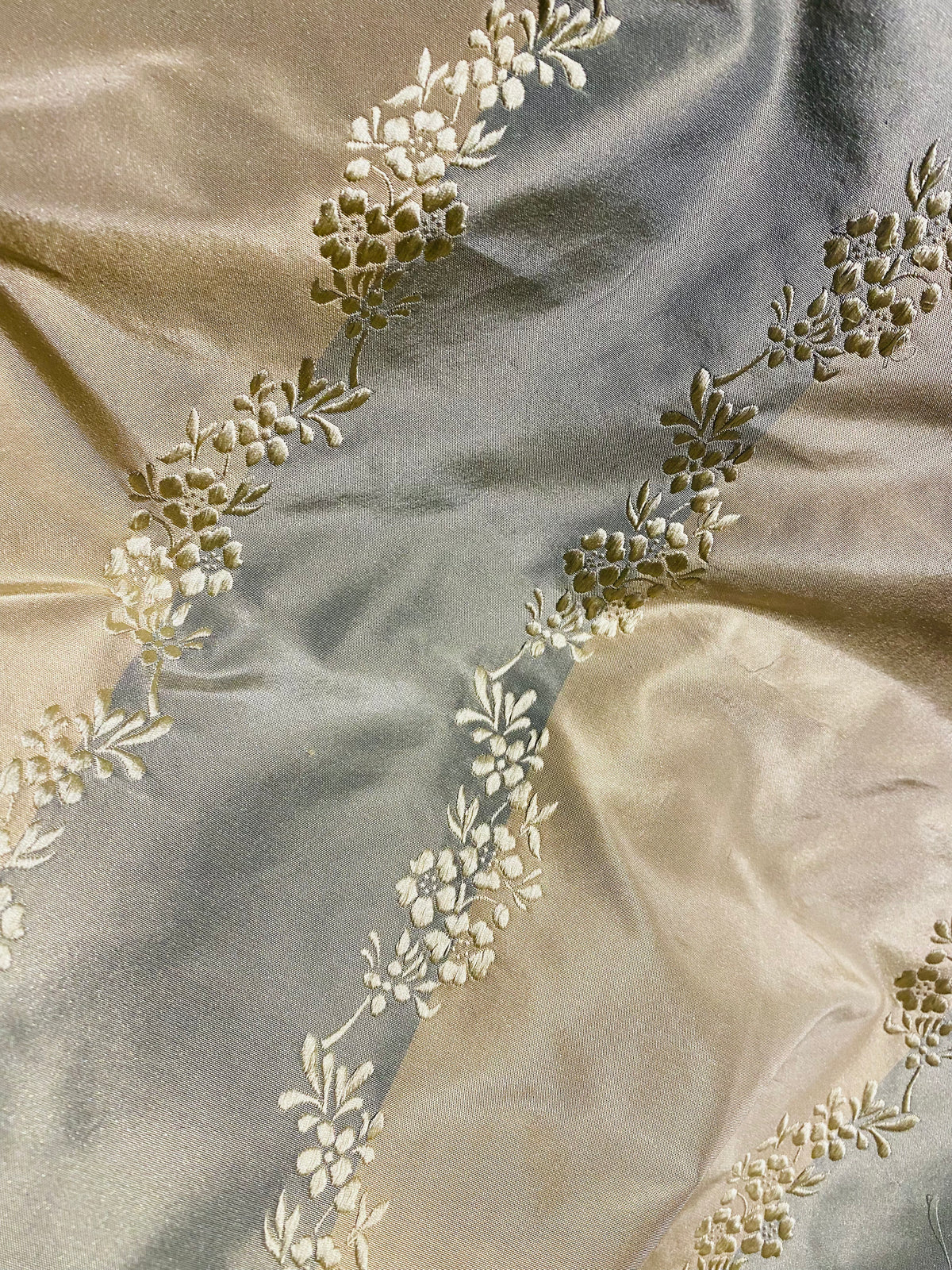 NEW Lady Kristen Designer 100% Silk Taffeta Embroidered Stripe Floral Fabric- Blue & Cream - Fancy Styles Fabric Pierre Frey Lee Jofa Brunschwig & Fils