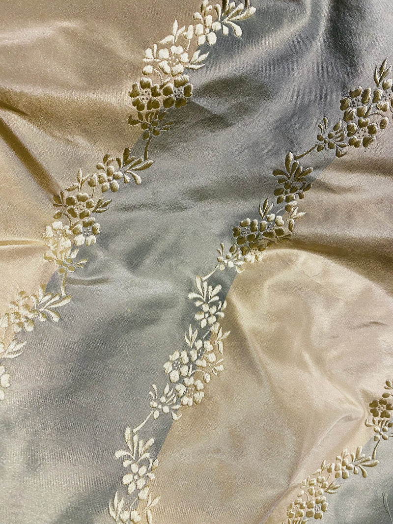 NEW Lady Kristen Designer 100% Silk Taffeta Embroidered Stripe Floral Fabric- Blue & Cream