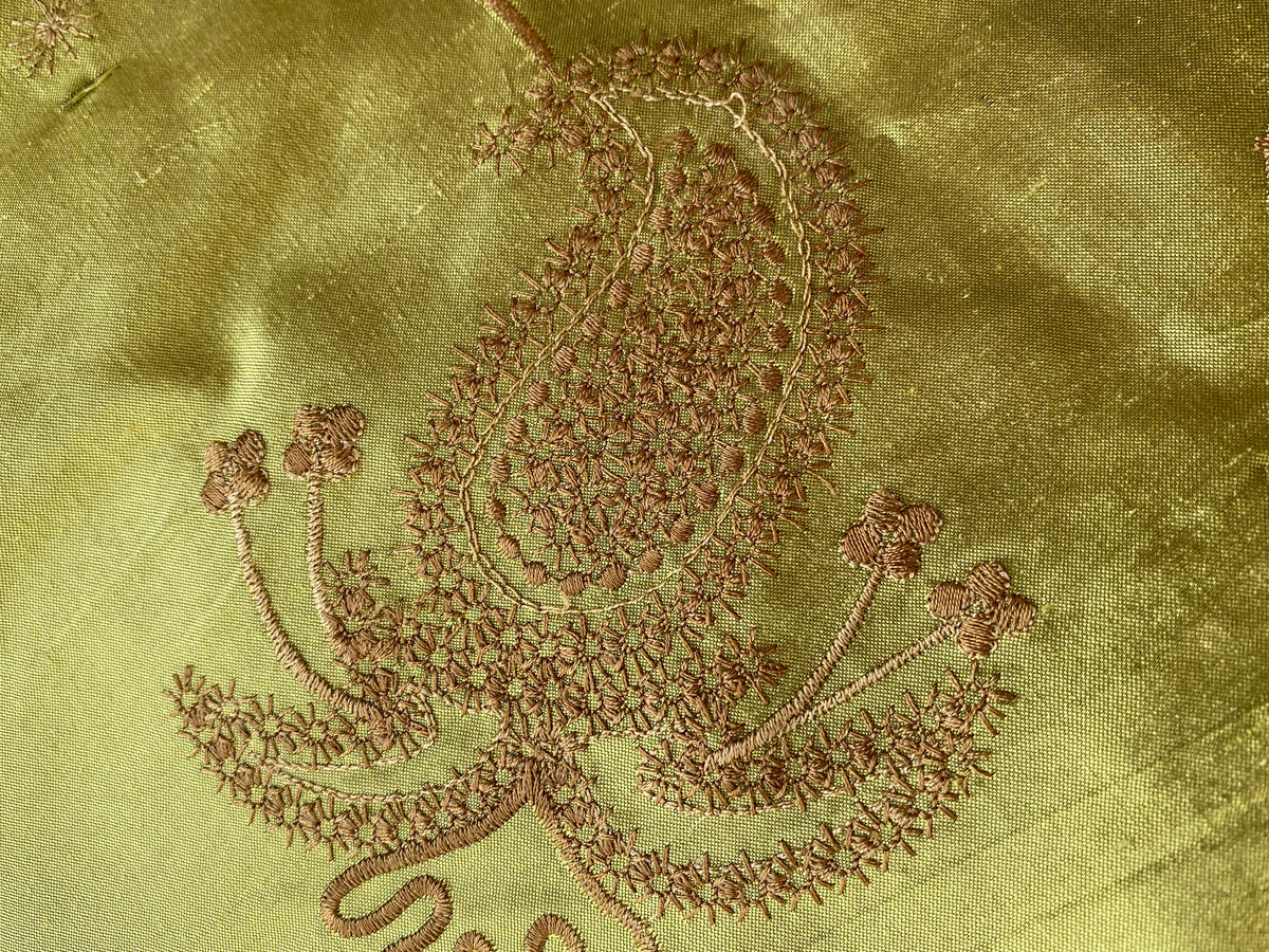 NEW Duchess Daria 100% Silk Dupioni Embroidered Floral Fabric- Chartreuse Green Gold with Copper Flowers - Fancy Styles Fabric Pierre Frey Lee Jofa Brunschwig & Fils