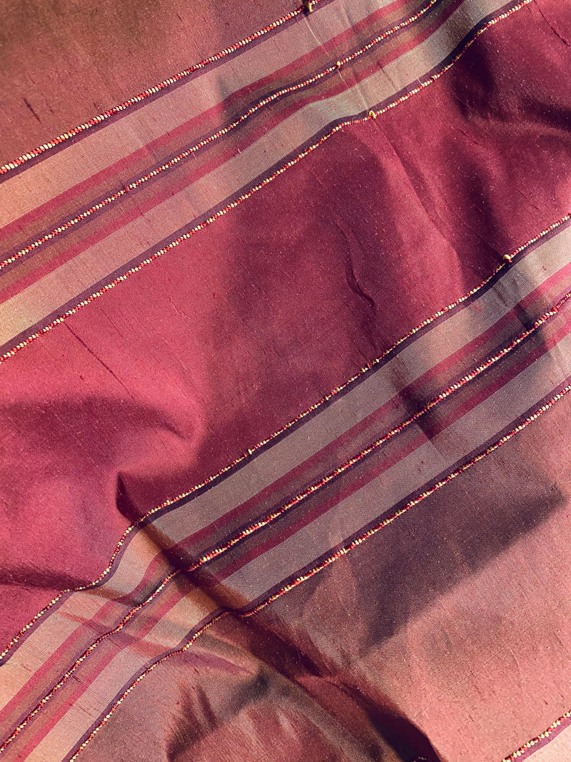 NEW Queen River Novelty 100% Silk Dupioni Embroidered Stripe Fabric - Red Burgundy