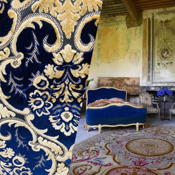 NEW Sir Scott Designer Italian Burnout Medallion Chenille Velvet Fabric Jewel Blue and Beige Yellow- Upholstery - Fancy Styles Fabric Pierre Frey Lee Jofa Brunschwig & Fils