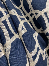 NEW! SALE! Prince Gregorian Novelty 100% Linen Fabric Geometric Embroidery- Natural and Blue - Fancy Styles Fabric Pierre Frey Lee Jofa Brunschwig & Fils