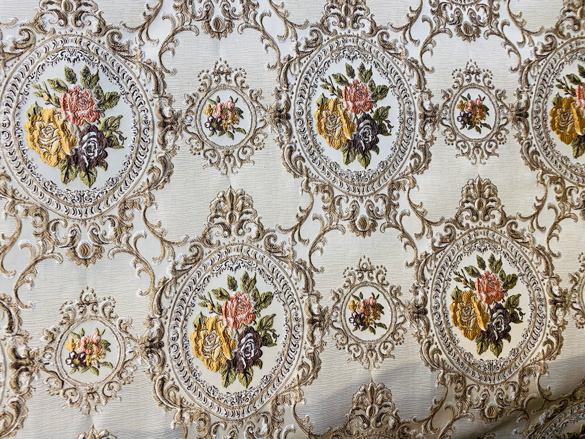 NEW Queen Rose Designer Brocade Satin Fabric- Antique Yellow Pink Roses - Upholstery - Fancy Styles Fabric Pierre Frey Lee Jofa Brunschwig & Fils