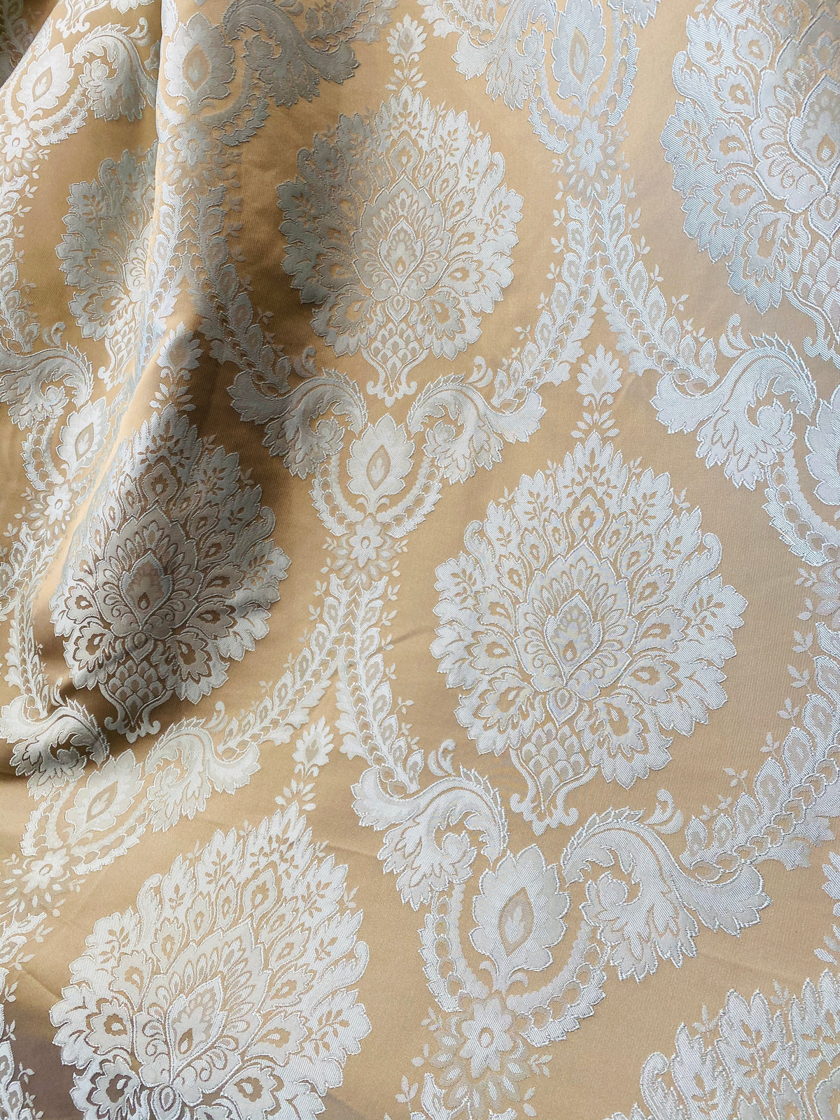 NEW! Prince Prescott Brocade Medallion Satin Fabric- Gold and White - Fancy Styles Fabric Pierre Frey Lee Jofa Brunschwig & Fils