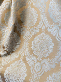 NEW! Prince Prescott Brocade Medallion Satin Fabric- Gold and White - Fancy Styles Fabric Pierre Frey Lee Jofa Brunschwig & Fils