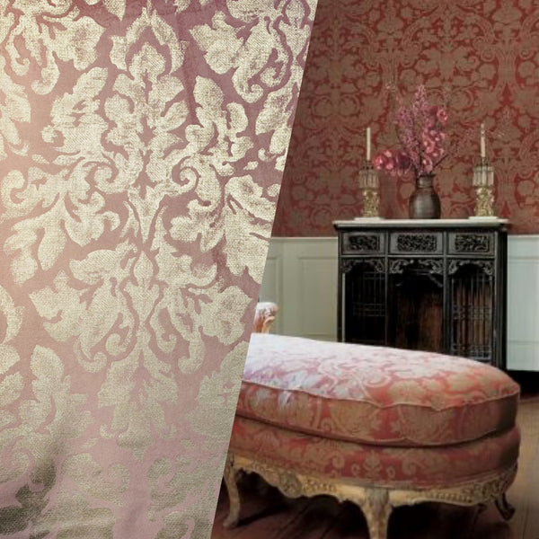 NEW! Lady Calentine Designer Burnout Antique Inspired Velvet Fabric Pink And Gold - Fancy Styles Fabric Pierre Frey Lee Jofa Brunschwig & Fils