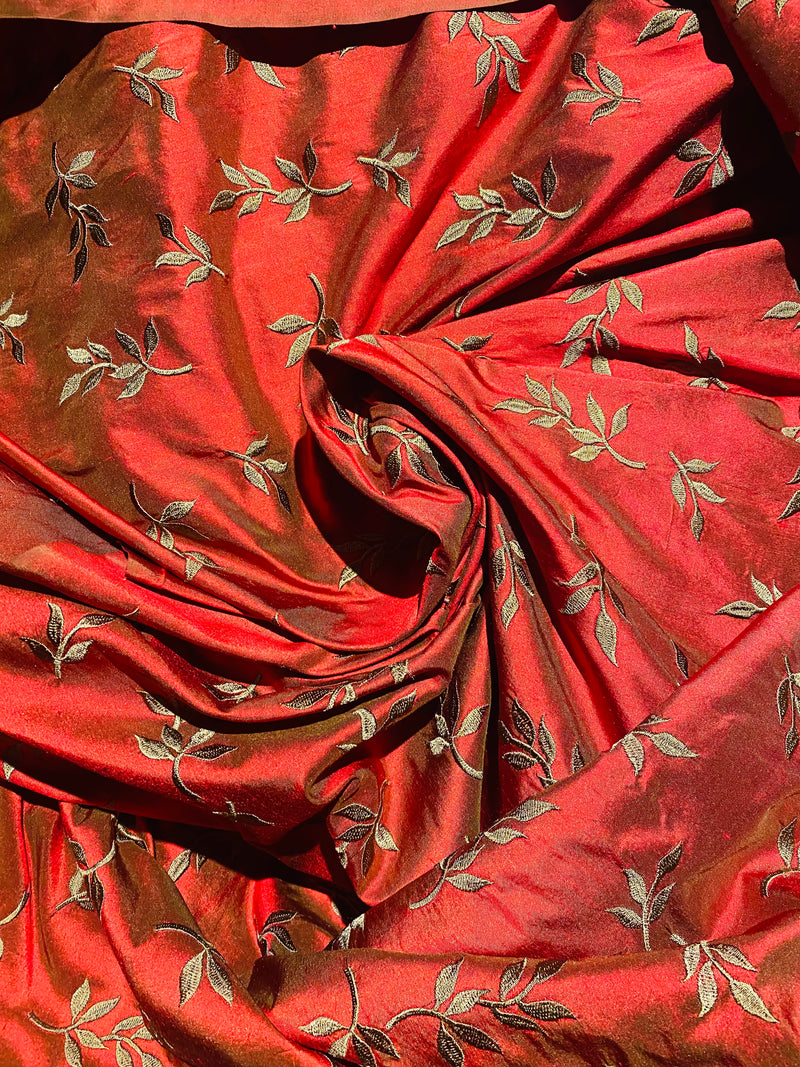 NEW! Queen Tina Novelty 100% Silk Dupioni Embroidered Floral Fabric - Red and Gold