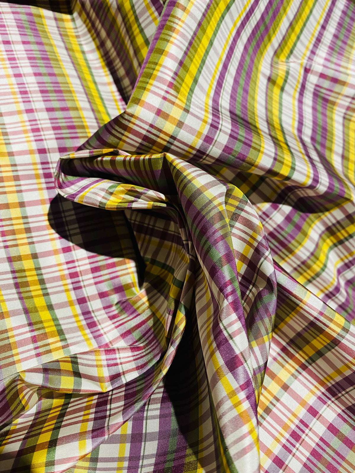 NEW Lady Riley Designer 100% Silk Taffeta Plaid Tartan Fabric -Purple, Green & Yellow SB_6_36 - Fancy Styles Fabric Pierre Frey Lee Jofa Brunschwig & Fils