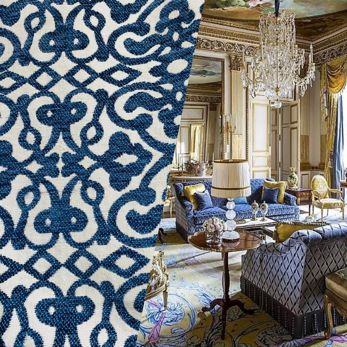 NEW! Duchess Eve Antique Inspired French Burnout Chenille Medallion Velvet Fabric- Blue - Fancy Styles Fabric Pierre Frey Lee Jofa Brunschwig & Fils