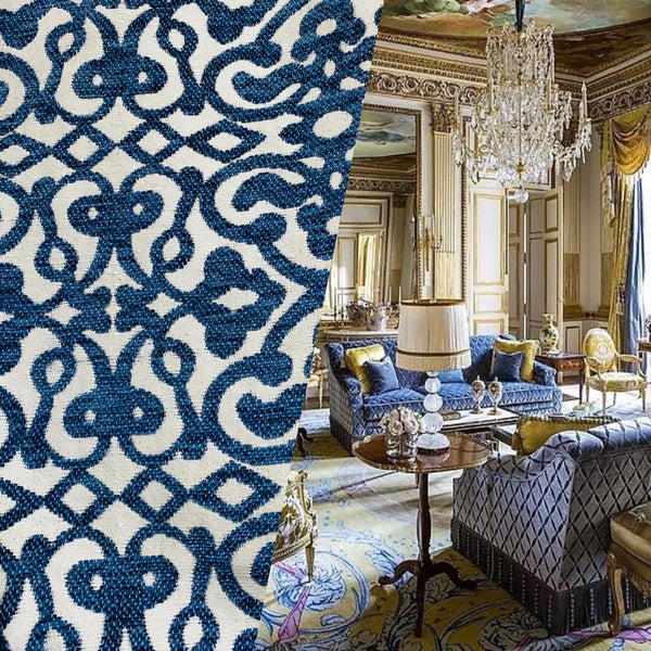 NEW! Duchess Eve Antique Inspired French Burnout Chenille Medallion Velvet Fabric- Blue - Fancy Styles Fabric Pierre Frey Lee Jofa Brunschwig & Fils